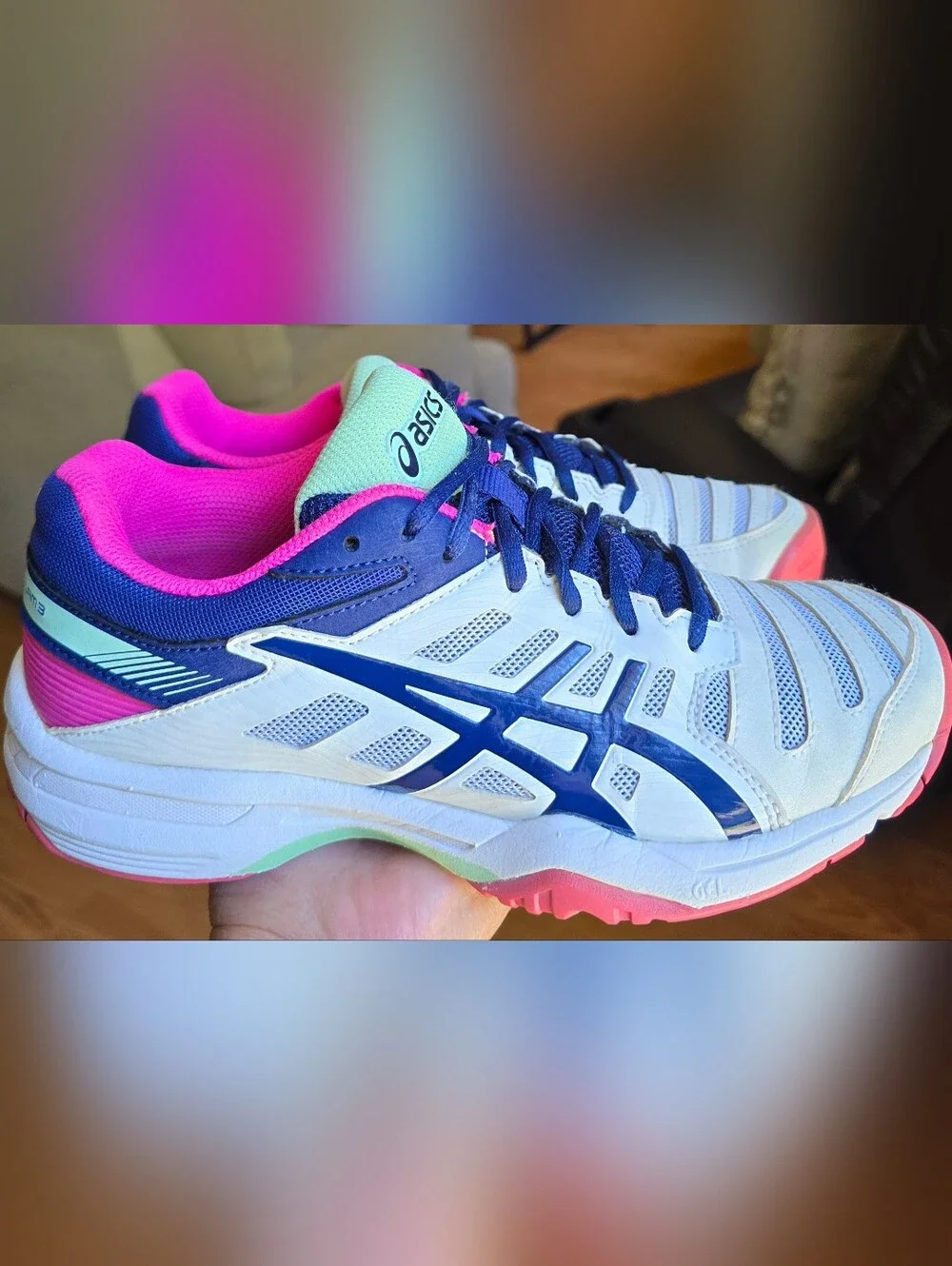 Sz 6.5 Women's ASICS GEL-SOLUTION SLAM 3 White/Indigo Blue/Pink Tennis Shoes